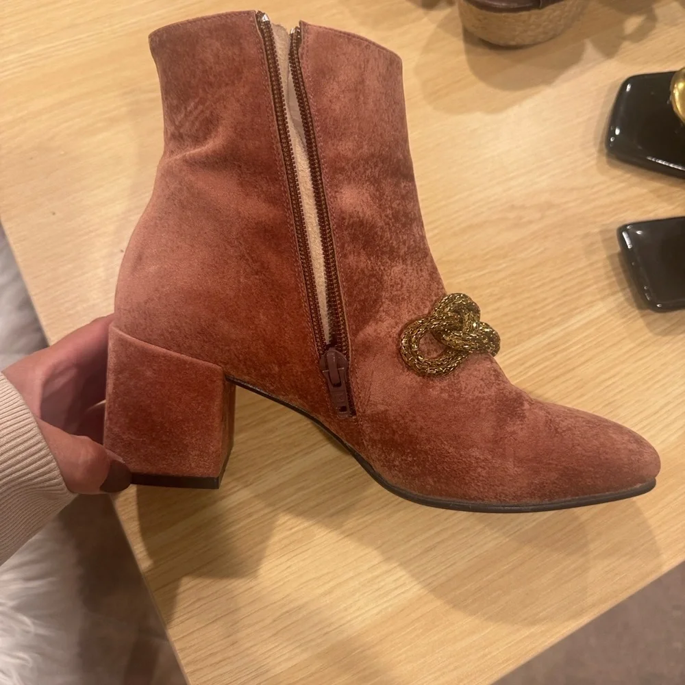 Anthropologie Pink Velvet Ankle Boots with Gold Detail - Picture 7 of 12